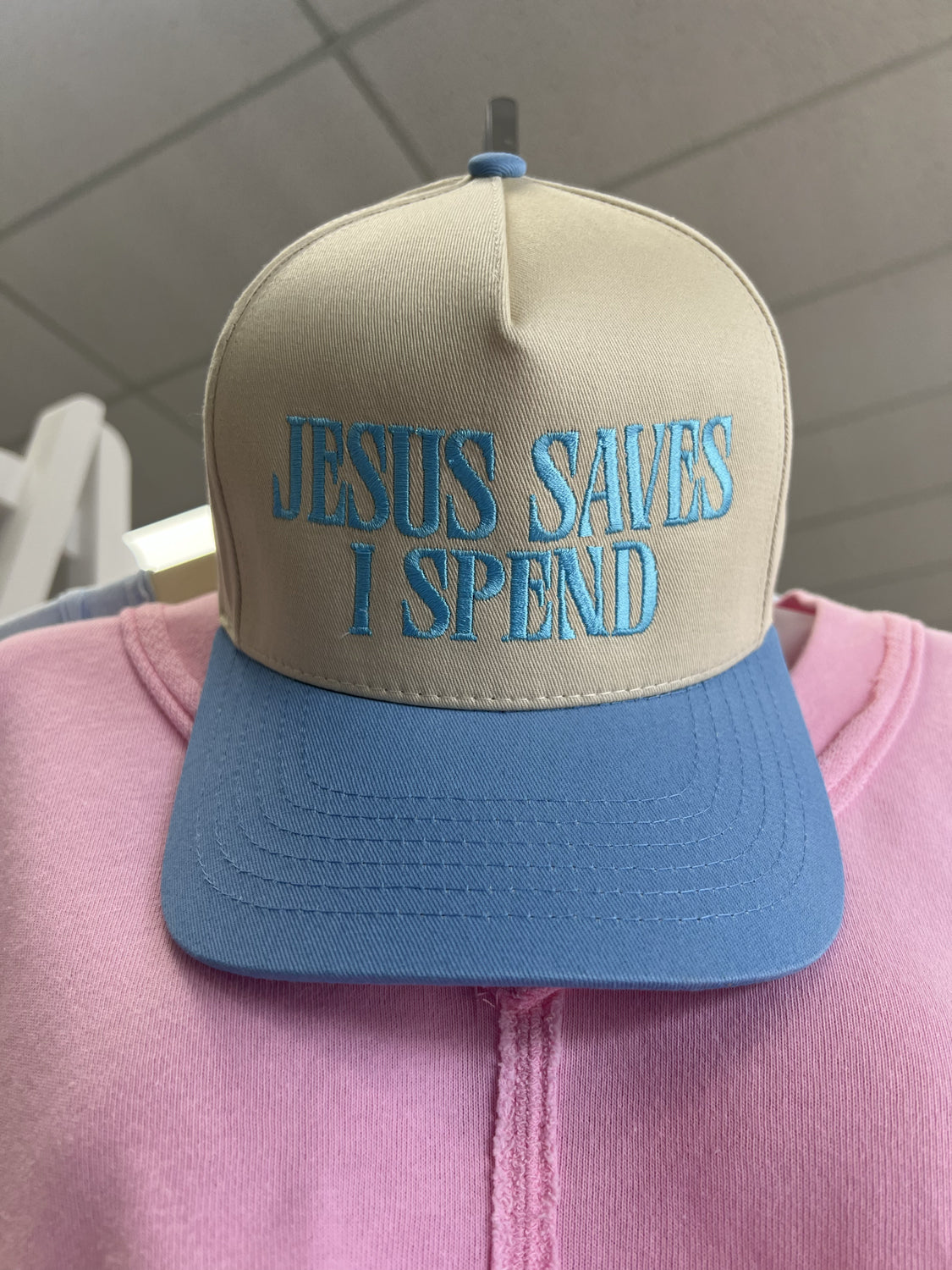 DISTRESSED VINTAGE DESIGNS Women's Hat BLUE/CREAM / - Distressed Vintage Jesus Saves I Spend Hat || David's Clothing JESUSSAVES
