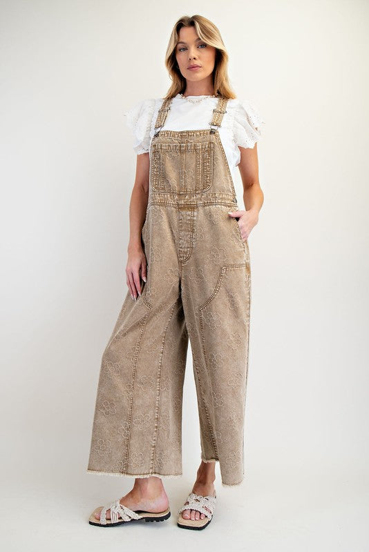 EASEL Women's Pants Flower Pattern Washed Twill Overalls || David's Clothing