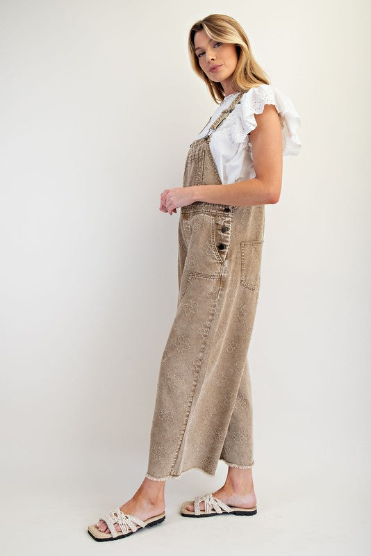 EASEL Women's Pants Flower Pattern Washed Twill Overalls || David's Clothing