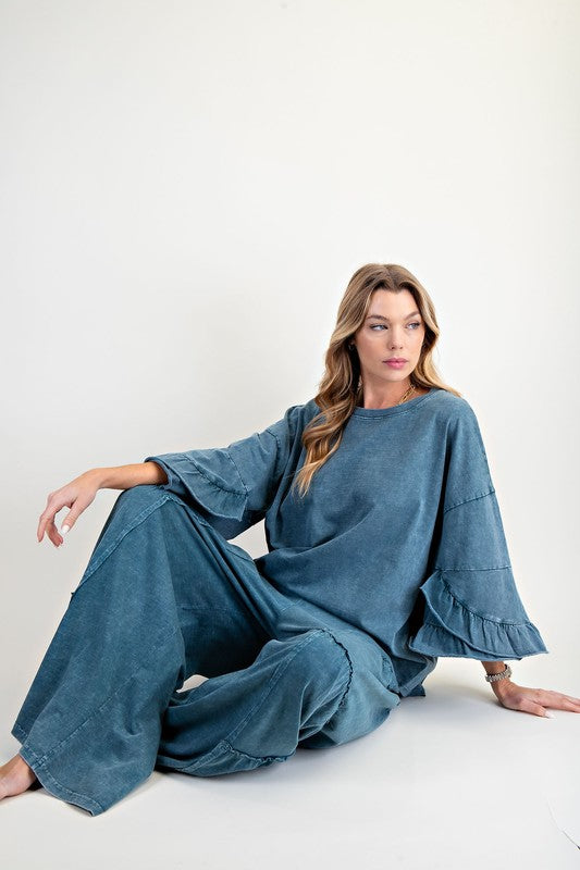 EASEL Women's Pants TEAL / S Mineral Washed Tiered Pants || David's Clothing EB56000