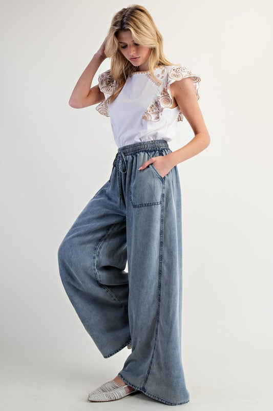 EASEL Women's Pants Washed Chambray Palazzo Pants || David's Clothing
