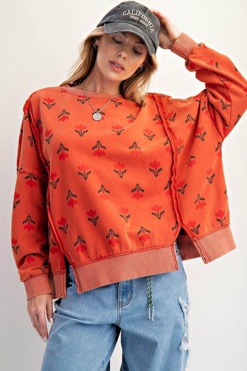 EASEL Women's Sweaters BOHO RED / S Floral Print Washed Thermal Pullover ET27107