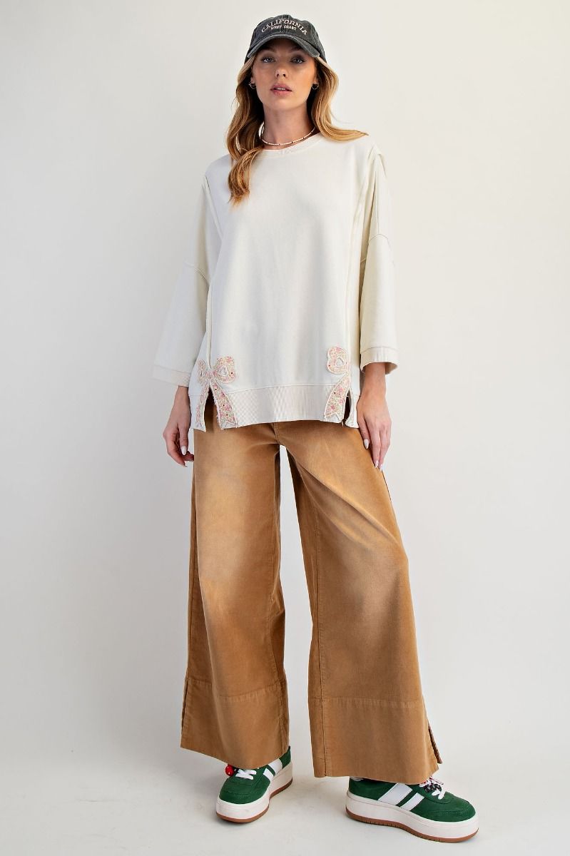 EASEL Women's Sweaters Bow Patch Bottom Hem Washed Terry Pullover || David's Clothing