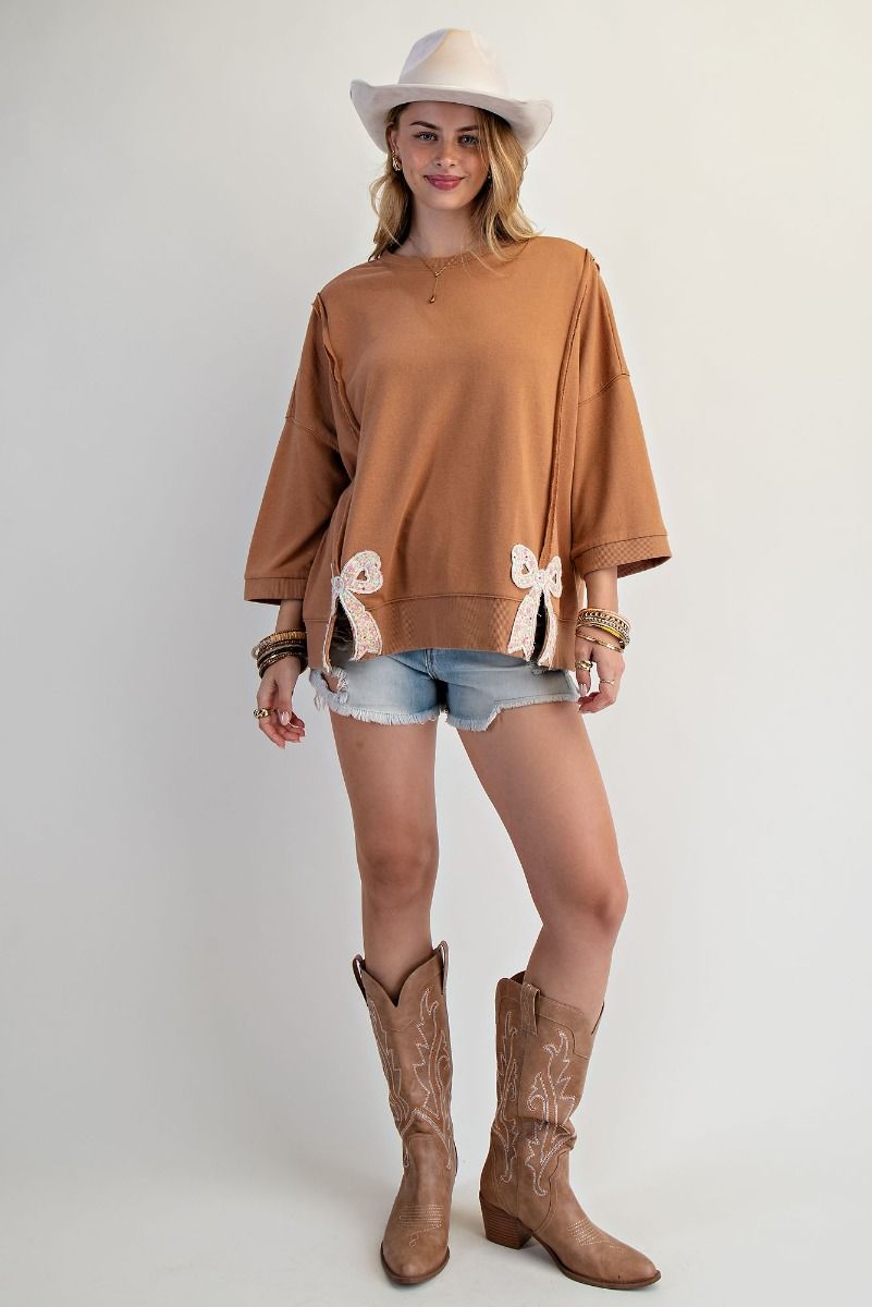 EASEL Women's Sweaters CAMEL / S Bow Patch Bottom Hem Washed Terry Pullover ET28101B