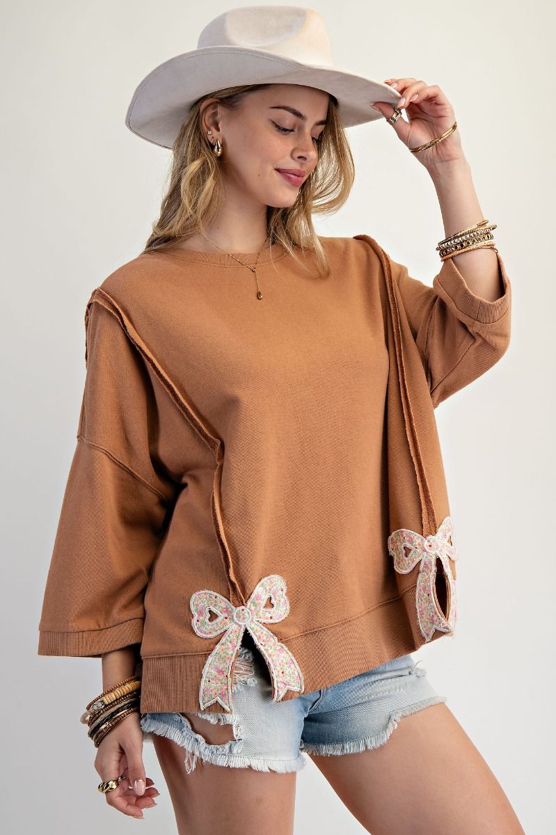 EASEL Women's Sweaters CAMEL / S Bow Patch Bottom Hem Washed Terry Pullover ET28101B
