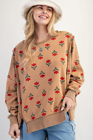 EASEL Women's Sweaters CAMEL / S Floral Print Washed Thermal Pullover ET27107