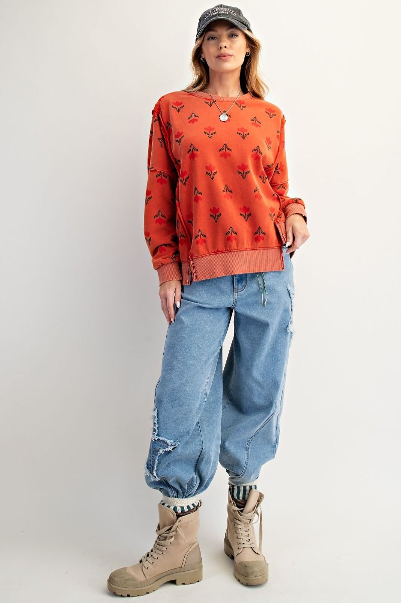 EASEL Women's Sweaters Floral Print Washed Thermal Pullover