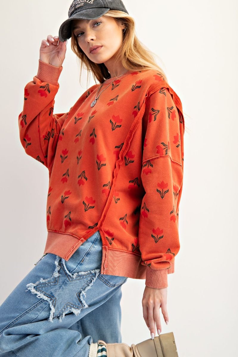 EASEL Women's Sweaters BOHO RED / S Floral Print Washed Thermal Pullover ET27107