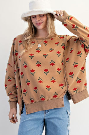 EASEL Women's Sweaters Floral Print Washed Thermal Pullover