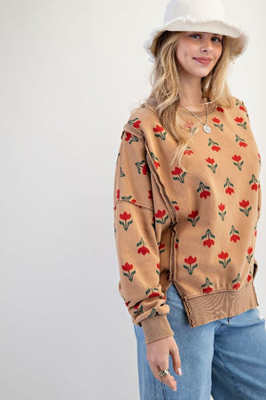 EASEL Women's Sweaters Floral Print Washed Thermal Pullover