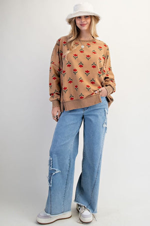 EASEL Women's Sweaters Floral Print Washed Thermal Pullover