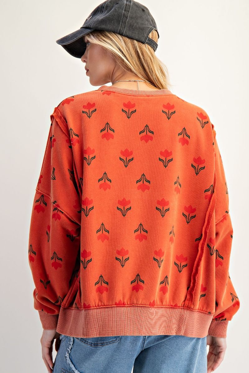 EASEL Women's Sweaters Floral Print Washed Thermal Pullover