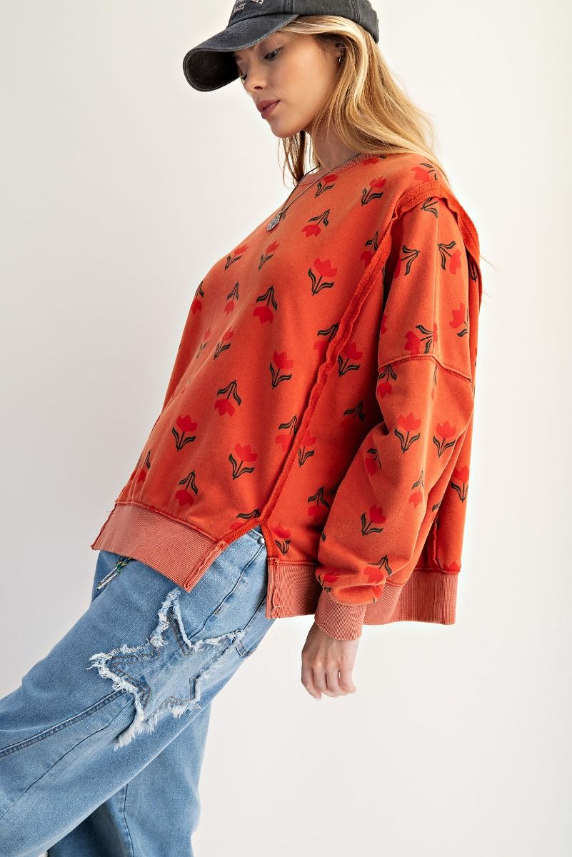 EASEL Women's Sweaters Floral Print Washed Thermal Pullover