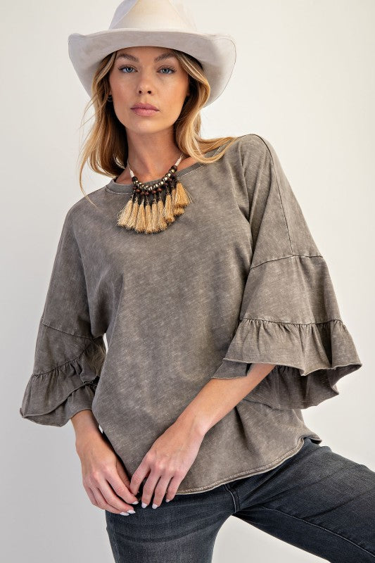 EASEL Women's Top ASH MOCH / S Wing Ruffle Slvs Washed Cotton Slub Top || David's Clothing ET20585