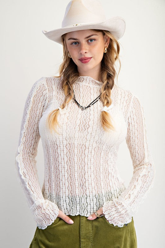 EASEL Women's Top Long Sleeve Lace Fitted Top || David's Clothing