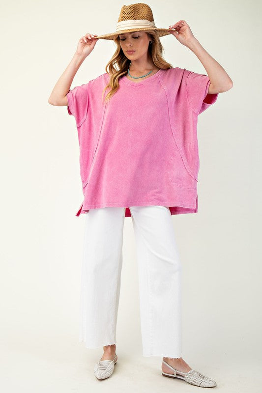 EASEL Women's Top PINK / S Mineral Washed Oversized Top || David's Clothing ET25597