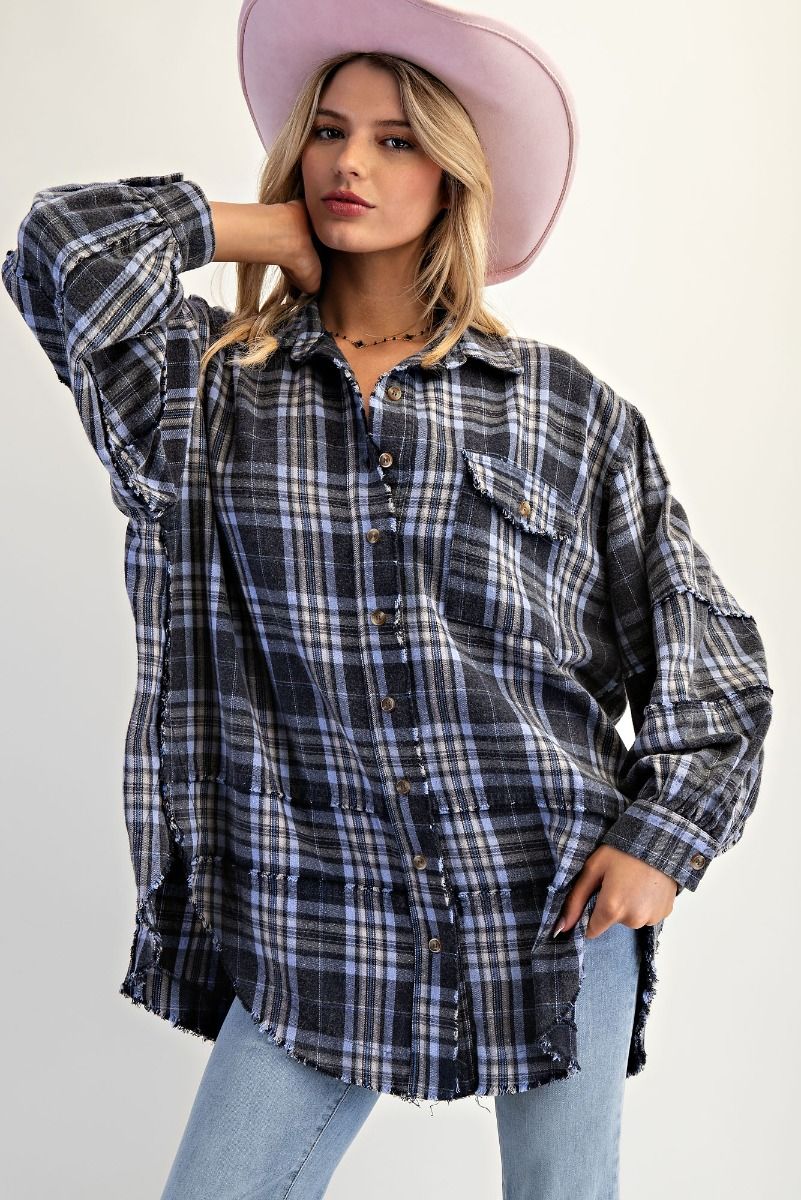 EASEL Women's Top S / NAVY Washed Plaid Shirt Tunic || David's Clothing ET28339