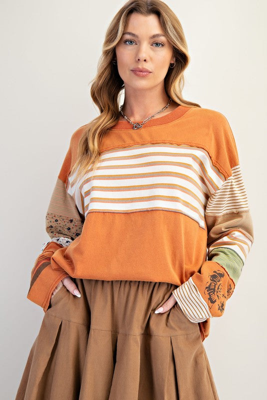 EASEL Women's Top Stripe Mix Terry Soft Washed Pullover || David's Clothing