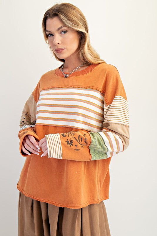 EASEL Women's Top Stripe Mix Terry Soft Washed Pullover || David's Clothing