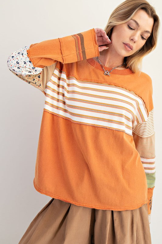 EASEL Women's Top Stripe Mix Terry Soft Washed Pullover || David's Clothing