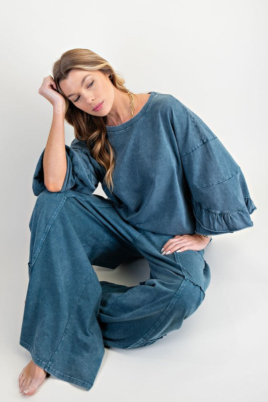 EASEL Women's Top TEAL / S Wing Ruffle Slvs Washed Cotton Slub Top || David's Clothing ET20585