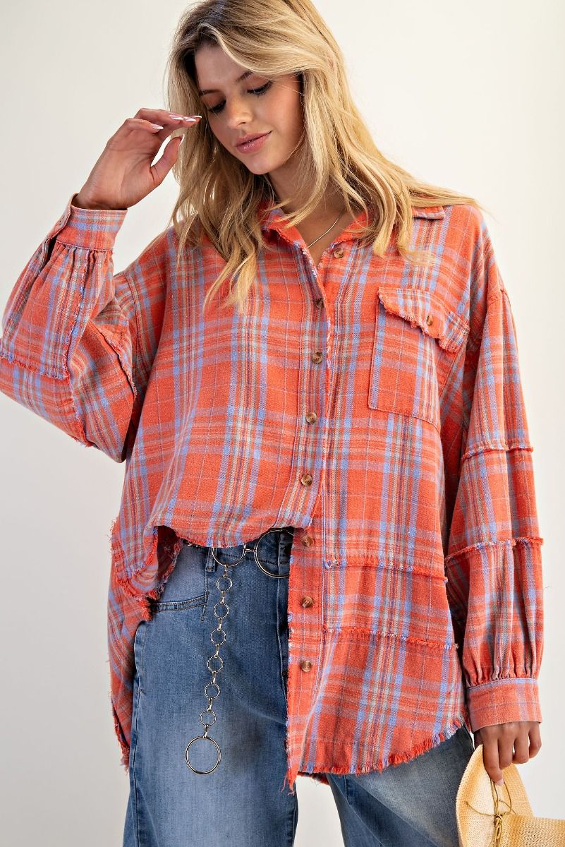 EASEL Women's Top Washed Plaid Shirt Tunic || David's Clothing