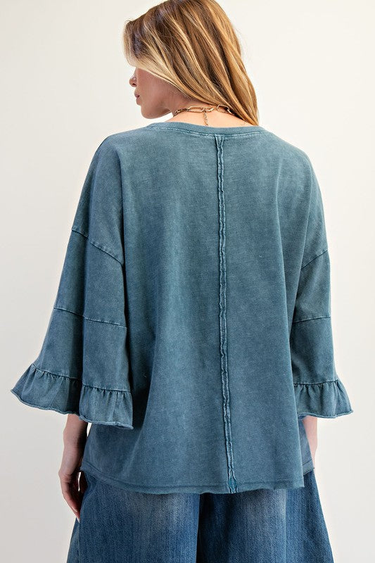EASEL Women's Top Wing Ruffle Slvs Washed Cotton Slub Top || David's Clothing