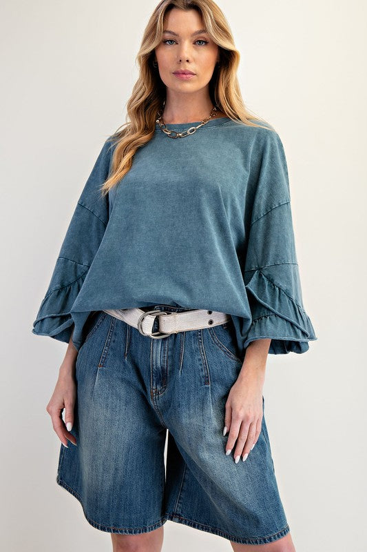 EASEL Women's Top Wing Ruffle Slvs Washed Cotton Slub Top || David's Clothing