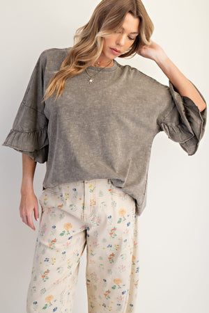 EASEL Women's Top Wing Ruffle Slvs Washed Cotton Slub Top || David's Clothing