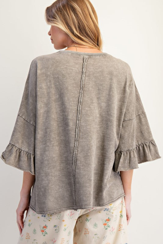 EASEL Women's Top Wing Ruffle Slvs Washed Cotton Slub Top || David's Clothing