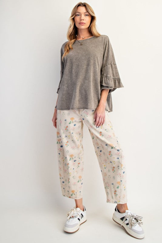 EASEL Women's Top ASH MOCH / S Wing Ruffle Slvs Washed Cotton Slub Top || David's Clothing ET20585