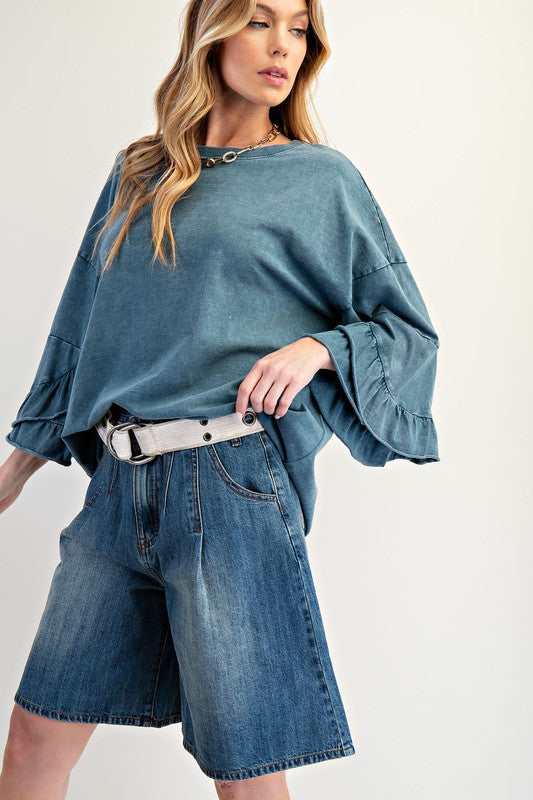 EASEL Women's Top Wing Ruffle Slvs Washed Cotton Slub Top || David's Clothing