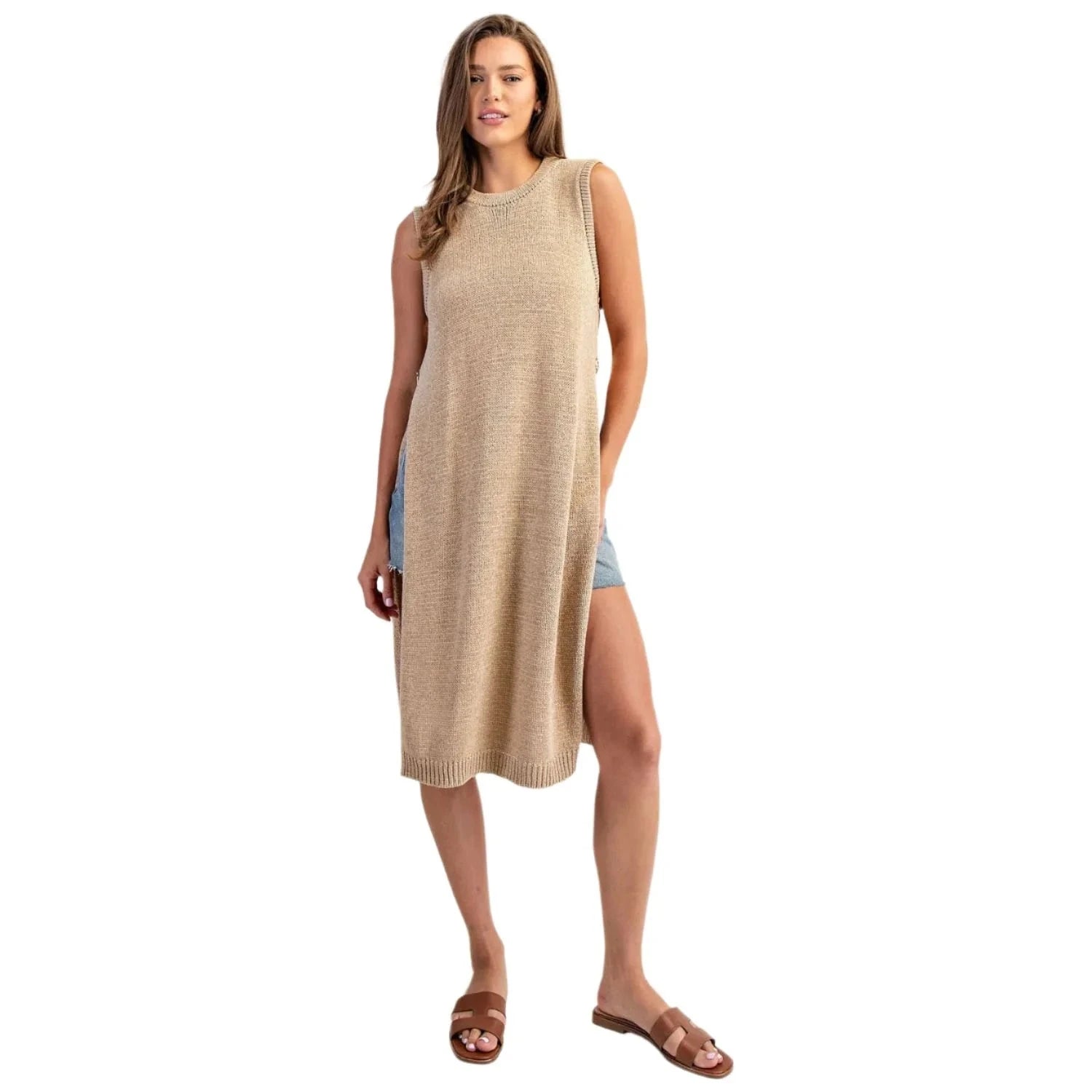 ee:some Top Side Button Sleeveless Open Longline Sweater || David's Clothing