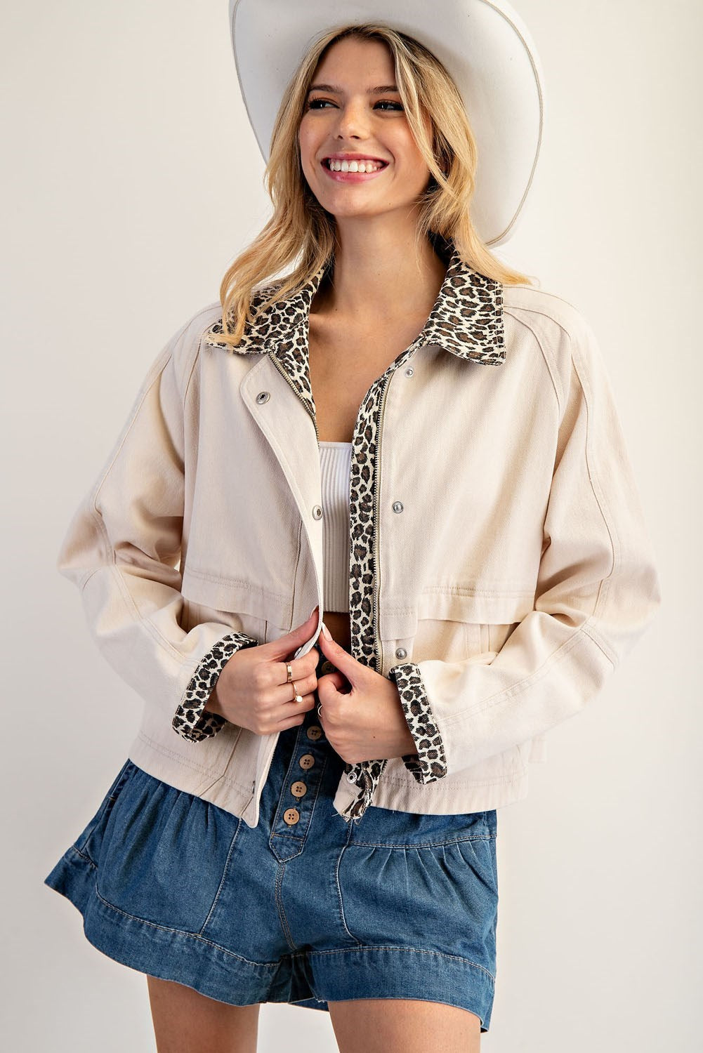 ee:some Women Jackets Mineral Wash Contrast Leopard Printed Jacket || David's Clothing