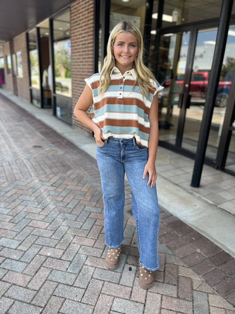 ee:some Women's Top Cap Sleeve Stripe Polo || David's Clothing