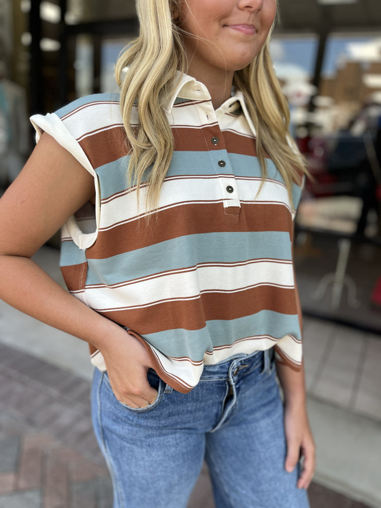 ee:some Women's Top Cap Sleeve Stripe Polo || David's Clothing