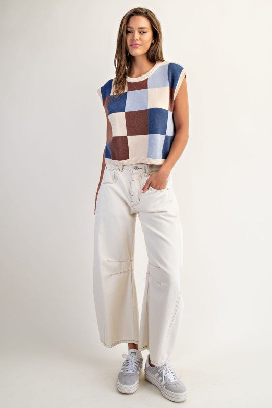 ee:some Women's Top Checker Print Sleeveless Sweater Top || David's Clothing