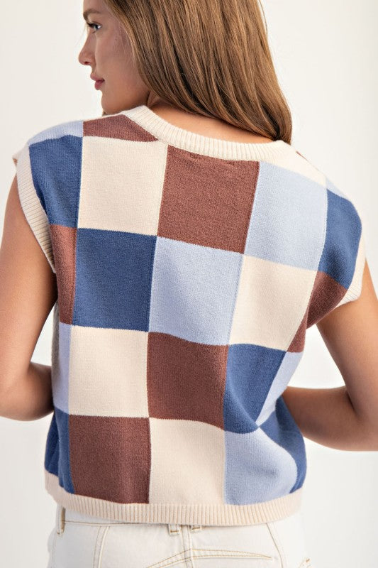 ee:some Women's Top Checker Print Sleeveless Sweater Top || David's Clothing