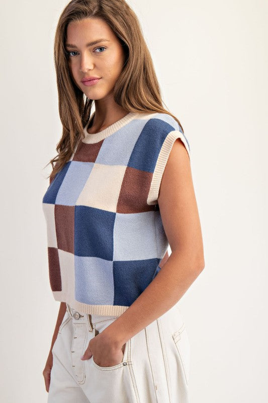 ee:some Women's Top Checker Print Sleeveless Sweater Top || David's Clothing
