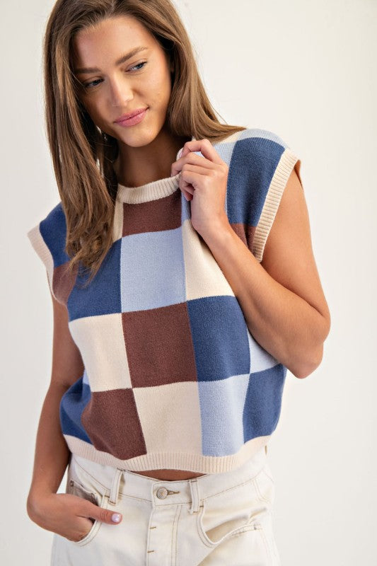 ee:some Women's Top Checker Print Sleeveless Sweater Top || David's Clothing