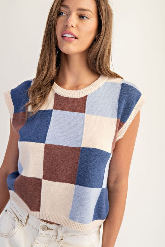 ee:some Women's Top Checker Print Sleeveless Sweater Top || David's Clothing