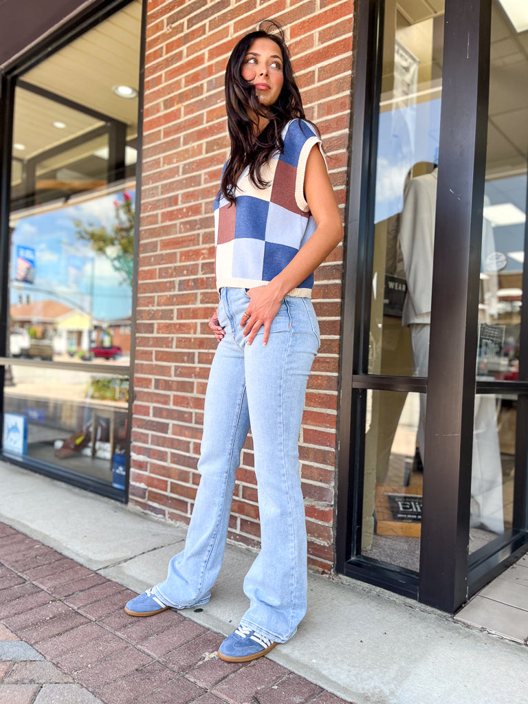 ee:some Women's Top Checker Print Sleeveless Sweater Top || David's Clothing