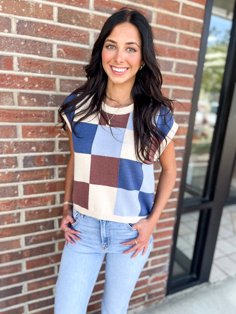 ee:some Women's Top Checker Print Sleeveless Sweater Top || David's Clothing