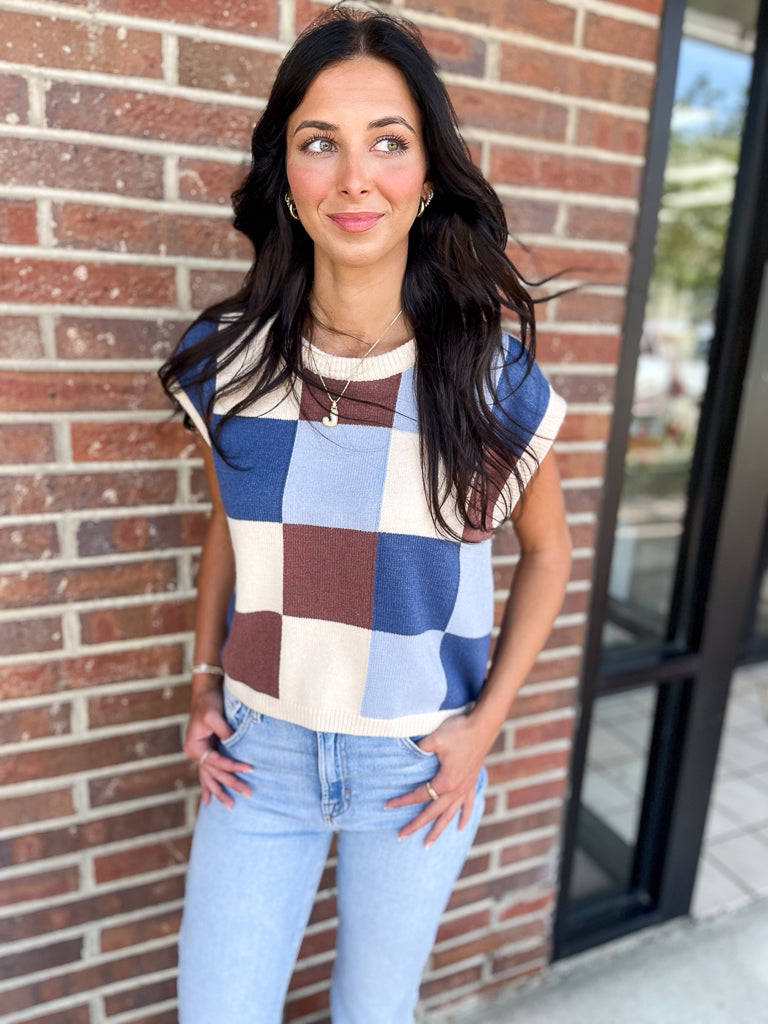 ee:some Women's Top Checker Print Sleeveless Sweater Top || David's Clothing