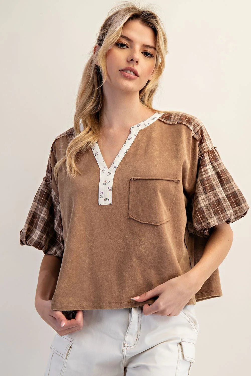 ee:some Women's Top Mineral Washed Plaid Puff Sleeve Top || David's Clothing