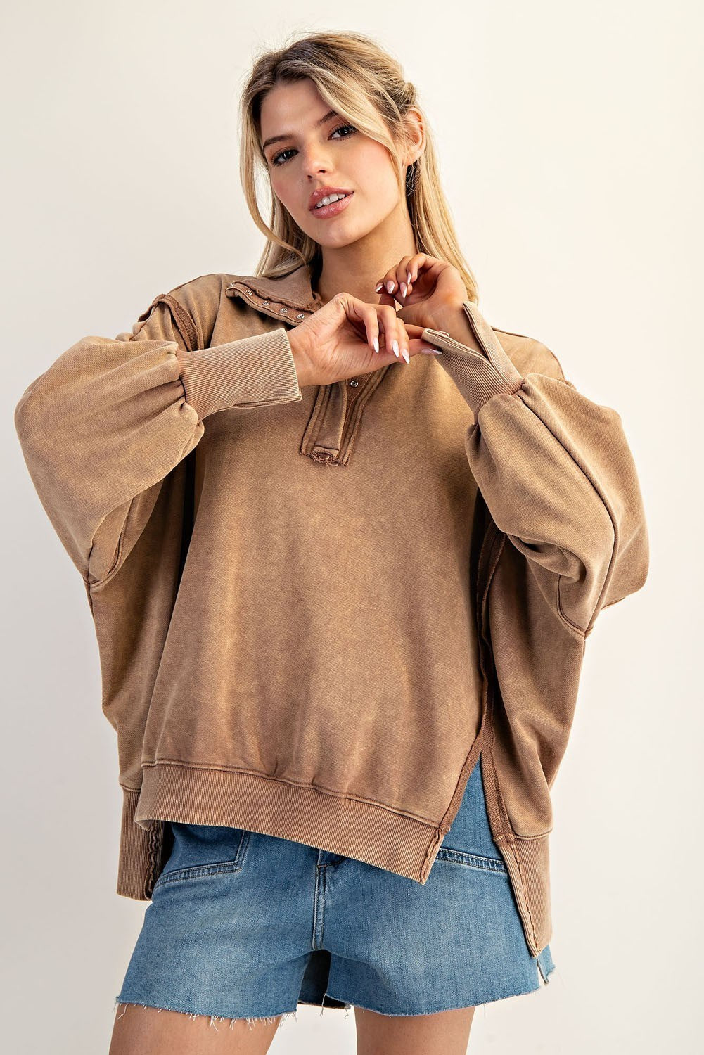 ee:some Women's Top S / MOCHA MO Snow Washed Long Sleeve Pull Over th12660
