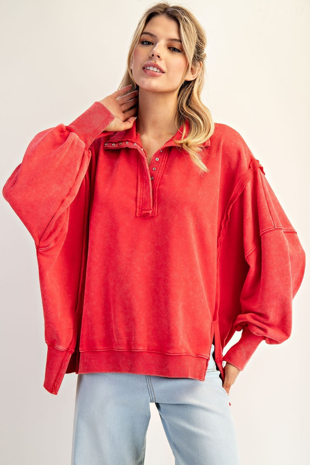 ee:some Women's Top S / RED Snow Washed Long Sleeve Pull Over th12660