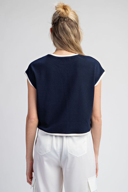 ee:some Women's Top NAVY / S Two Tone Round Neck Short Sleeve Top || David's Clothing TH12065