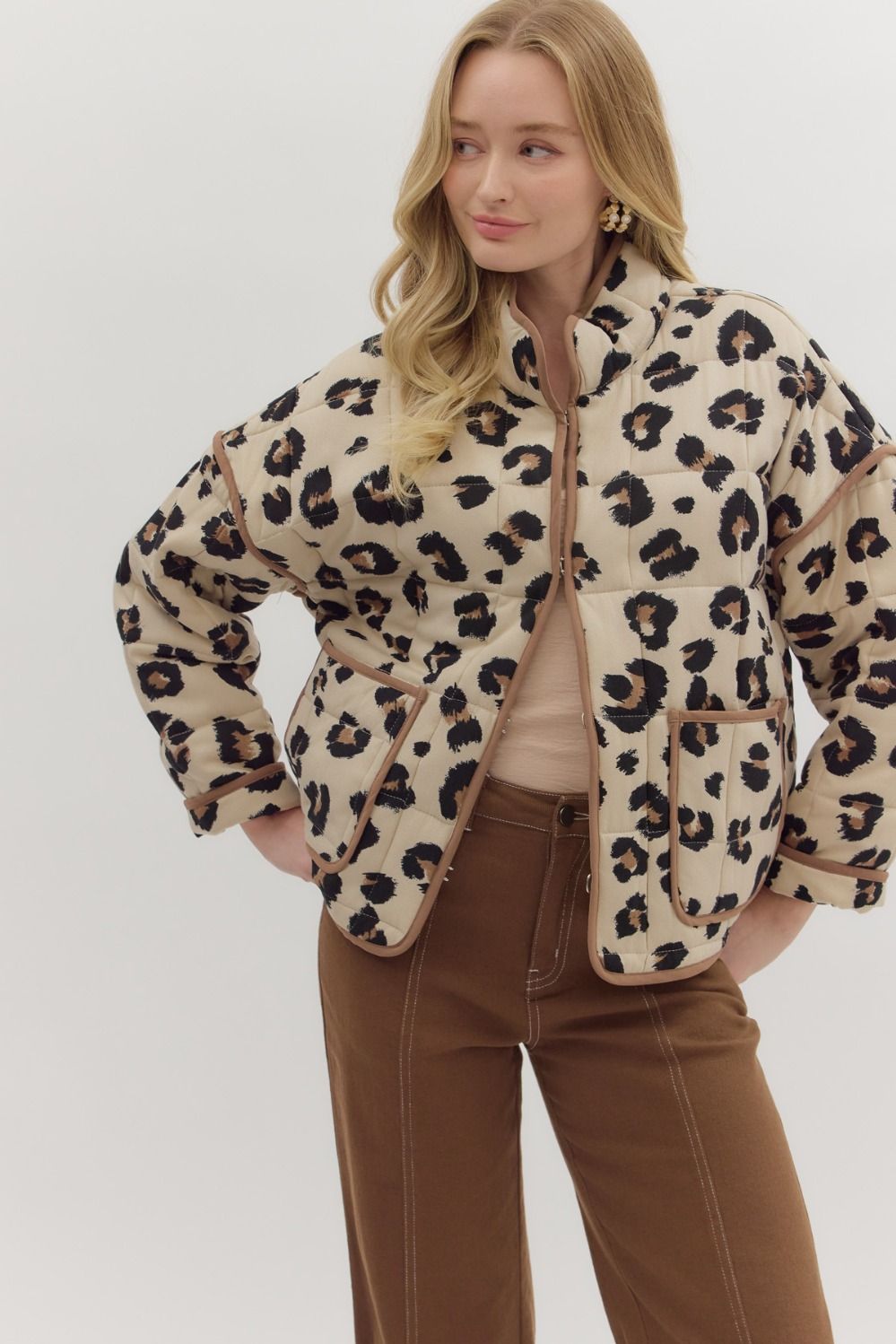 ENTRO INC Women Jackets Leopard Pattern Quilted Jacket || David's Clothing