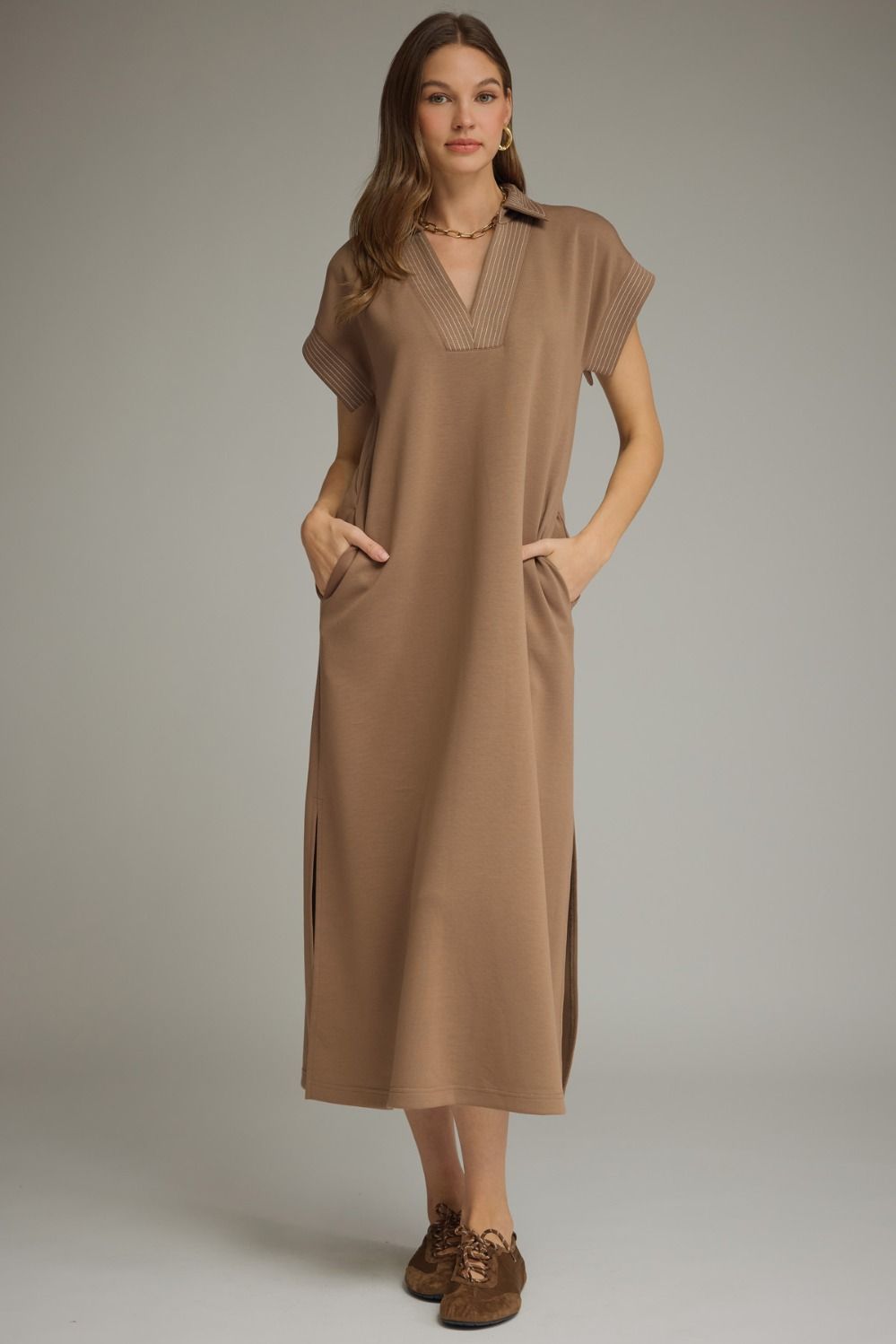 ENTRO INC Women's Dress MOCHA / S Solid Collared Short Sleeve Midi Dress D31769